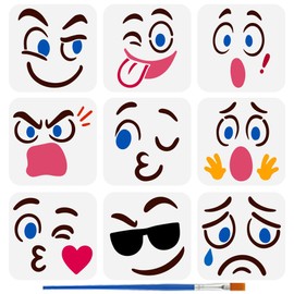 FINGERINSPIRE 9Styles Cartoon Expression Pattern Stencils with a Brush 150 x 150 mm Cartoon Emoticon Painting Stencils Face Expression Stencils PET Character Theme Template for Wall Decoration