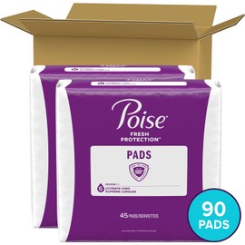 Poise Incontinence Pads & Postpartum Incontinence Pads, 6 Drop Ultimate Absorbency, Long Length, 90 Count (2 Packs of 45), Packaging May Vary
