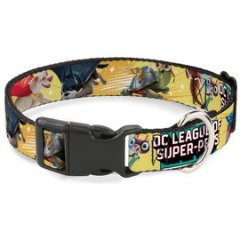 Dog Collar Plastic Clip DC League of Super Pets Superhero Pet Poses Collage Yellow 7 to 8.5 Inches 0.5 Inch Wide
