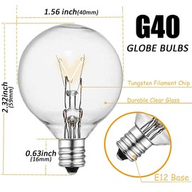 Pallerina 25 Pack G40 Light Bulbs Replacement,1.5 Inch 5 Watt Clear Globe Light Bulbs with E12/C7 Candelabra Base for Outdoor String Lights, Indoor Patio Garden Decor