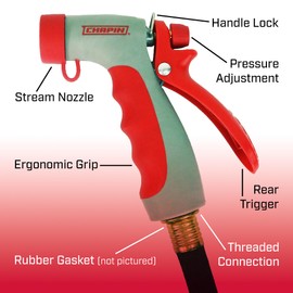 Chapin 4693: High Temp, Hot Water Pistol Grip Spray Nozzle with Threaded Connection, Stream Spray for Cleaning, Washing Cars, Watering and Outdoor Jobs, Red/Black