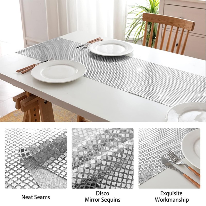 12 x 108 Inches Disco Party Table Runners, Silver Glitter