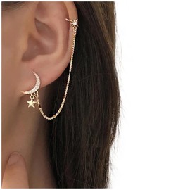 Cimenexe Bohemian Paved Moon Cuff Chain Earrings Crystal CZ Northstar Cuff Chain Earrings Star Cartilage Tassel Earring Gold Rhinestone Helix Chain Earrings Jewellery for Women and Girls