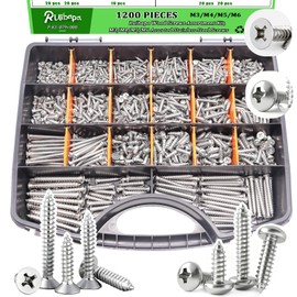 1200 PCS Stainless Steel Wood Screws Assortment Kit,Self Tapping Screws M3/M4/M5/M6 Screws Assortment Kit,1200Pcs(605pcs Round Head & 595pcs Flat Head) Sheet Metal Screws Assorted