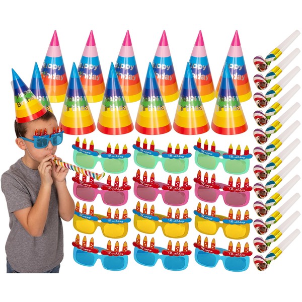 Tigerdoe Birthday Party Set - Happy Birthday Theme - Birthday Party Hats - Party Supplies - Party Decor - 36 Piece Set - 12 hats - 12 sunglasses - 12 whistles