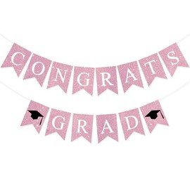 Pre-Strung Congrats Grad Banner Pink Glitter Congratulations Graduate Banner Sign Graduation Decorations Class of 2025 Grad Party Decor Supplies