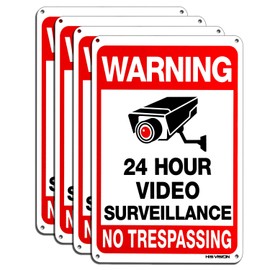 Video Surveillance Sign 4-Pack , HISVISION No Trespassing Metal Reflective Warning Sign ,UV Protected & Waterproof, 10"x 7" 0.40 Aluminum Indoor Or Outdoor Use for Home Business CCTV Security Camera