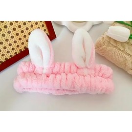 Plush Bunny Ear Spa Headband, Pink and White, Soft Elastic Makeup Hairband