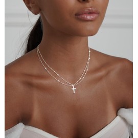 NECOCY Silver Cross Necklaces for Women Layered Small Cute Dainty 925 Sterling Pendant Necklace Trendy Simple Charm Stack Beaded Choker Chain Necklace Statement Tarnish Stuff Body Accessories Jewelry