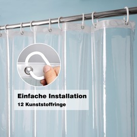 EurCross Transparent Shower Curtain 180 x 200 cm with 5 Magnets Bottom for Bathtub, Anti-Mould, Waterproof Shower Curtains, Plastic PEVA Bath Curtain for Bathroom with 12 Hooks