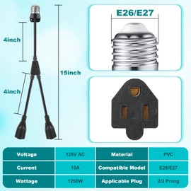1 Pcs 2 in 1 Light Socket to Plug Adapter, Convert E26/E27 Bulb Socket to 2 Pieces 3 Prong Outlet with Extension Cord, Flexible Light Bulb Socket Converter Suitable for Porch Patio Garage Use (Black)