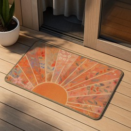 M-Qizi Boho Sun Floral Door Mat, Mid Century Modern Sunshine Welcome Mat Doormat for Indoor Outdoor Front Door Porch Entrance Outside, Boho Floral Bath Mats for Bathroom, 17x30 Inch