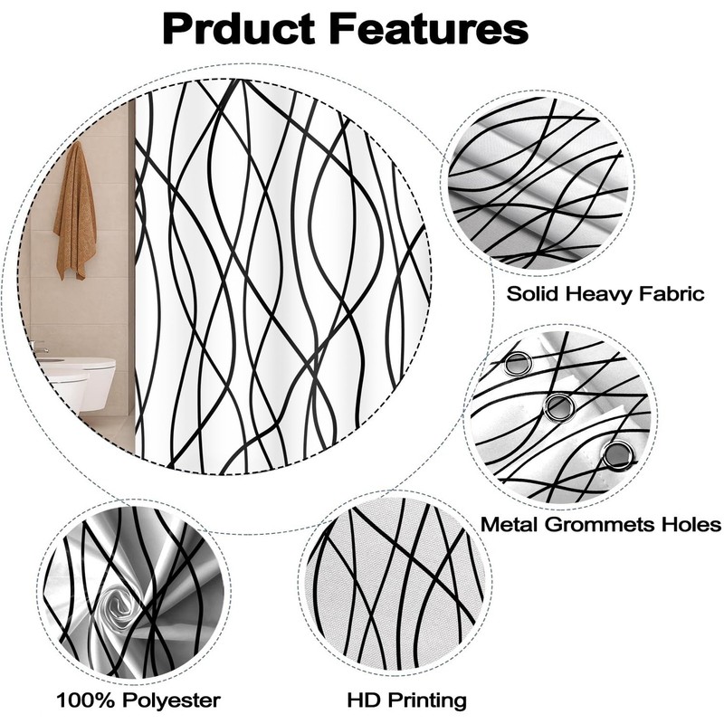 Uiiooazy White Black Striped Shower Curtain for Bathroom 72"x72", Geometric