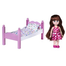 Playkidiz Mini Doll Bedroom Playset: Pretend jouer Brunet Mini Doll avec un lit, miroir et chaise super durable pour la maison de poupée pour enfants ou tout simplement un jeu amusant.