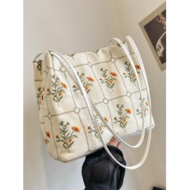 Women's Elegant Floral Fabric Shoulder Bag, Summer Trendy Large Capacity Tote Bag, Chic Spring All-match Shoulder Bag for Daily & Work & Back To School, Unique Bags:_Beige_Please Refer To The Pictures for Dimensions