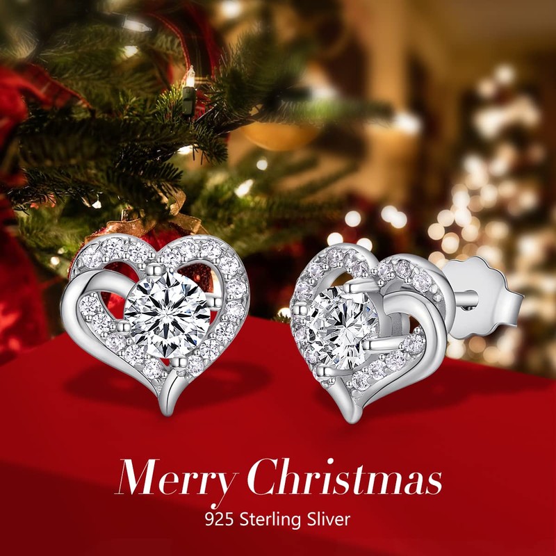 CRYSLOVE Heart Stud Earrings for Women 925 Sterling Silver White