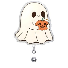 Halloween Badge Reel Cute Ghost Badge Clip Fall Pumpkin Retractable Badge Reel - 360° Rotating ID Card Holder with Non-Slip Retractable Clip, ID Badge Holder for Nurses, Doctors, Office Worker