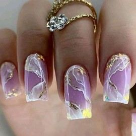 ANDGING Marble Press on Nails Short Square Fake Nails with Glue Acrylic Glue on Nails with Designs Classy Gel Manicure Glitter False Nail for Women Girls Stick ons Nails for Wedding Birthday JDKL868