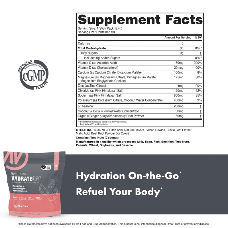NutraOne HydrateOne, Electrolyte Drink Mix On-The-Go | Watermelon, 30 Servings