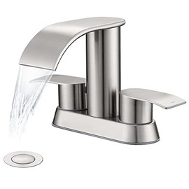 Ultimate Unicorn Waterfall Bathroom Sink Faucet Brushed Nickel, Two Handles Bathroom Faucet with Metal Pop up Sink Drain Stopper, Two Or 3 Holes Bathroom Basin Mixer Tap with Deck Mount Plate