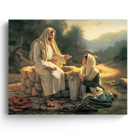 Jesus Canvas Wall Art Decor Framed Painting - Jesus with Samaritan Woman Biblical Scene, Religious Faith Picture Print, Christian Artwork for Living Room Bedroom Wall Decor 24X30 inch