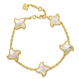 Krisy 14K Gold Plated Mother of Pearl Bracelet for Women, 5 Starfish Clover Charm Bracelet with Freshwater Pearl Accents, Adjustable Gold Chain Bracelet, Elegant Jewelry Gift