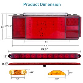 VINAUO Boat Trailer Lights, LED Submersible Trailer Light Kit with Wiring Harness Kit, Amber Marker Lights, White Reverse & Brake Lights, 15.6" 3rd ID Bar for Over 80" RV Truck Camper
