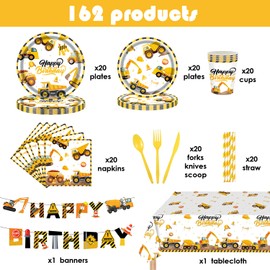 194Pcs Construction Plates Birthday Party Supplies Decorations Serve 24 | Includes Napkins Cups Tablecloth and Banner | Boys Construction Themed Birthday Party