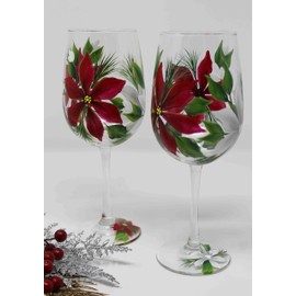Hand Painted Wine Glasses (Set of 2) - Poinsettia Red/Silver/White