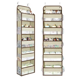 Yecaye 2 Pc Over the Door Organizer with 5 Bins 10 Side Pockets, 44lbs Load Hanging Bathroom and Bedroom Organizer, behind the Door Hanging Organizers for Nursery Newborn Baby Essential Stuff Beige