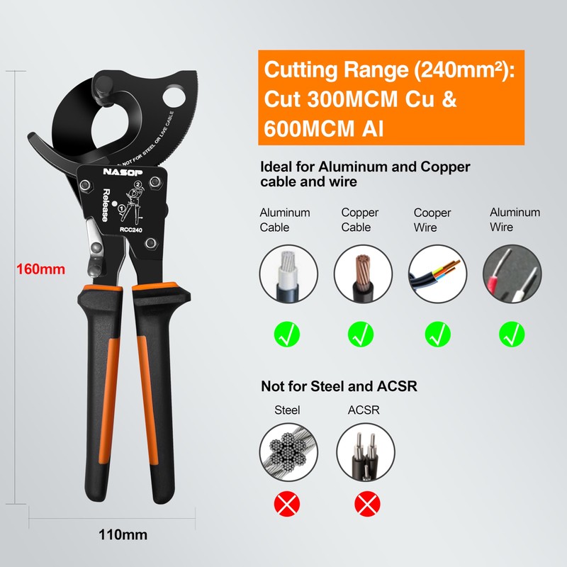 Nasop Compact Heavy Duty Ratcheting Cable Cutter for 300MCM copper