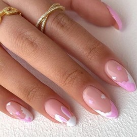 Easter Press on Nails Medium Almond French Tip Fake Nails Nude Full Cover Pink Bunny False Nails with Designs Glossy Glue on Nails Cute Acrylic Nails Artificial Nails for Women Girls 24Pcs