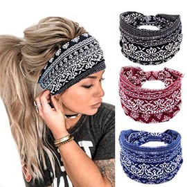 Boho Headbands for Women, Classic African Print, 3 Pack, Yoga Sports Hair Accessories, Navy Blue, Black, Burgundy