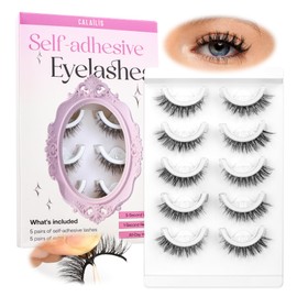 CALAILIS Self Adhesive Eyelashes 5 Pairs Natural Look Press On Lashes No Glue Need Eyelashes Reusable Cat Eye Wispy Self-adhesive False Lashes with Replacement Adhesive Strips (C001)