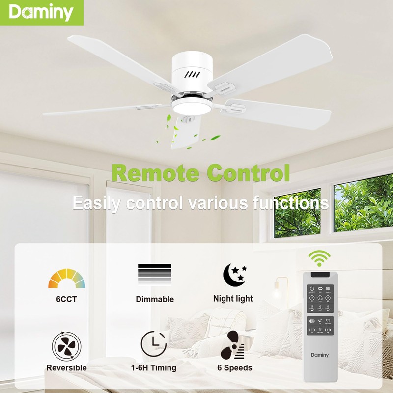 DAMINY 52 inch 5 Blades White Ceiling Fans with Lights,Flush