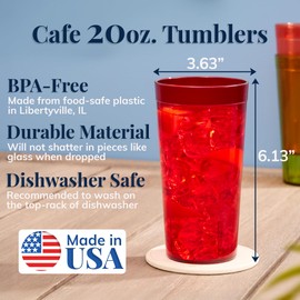US Acrylic Cafe Plastic Reusable Tumblers (Set of 16) 20-ounce Water Cups Assorted Colors | Restaurant Style Drinking Glasses Value Set, Stackable, BPA-free, Made in the USA | Top-rack Dishwasher Safe