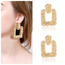 Yheakne Boho Large Square Dangle Earrings Raised Textured Design Earrings Gold Geometry Square Studs Earrings Punk Chunky Earrings Vintage Statement Earrings Jewelry for Women and Girls