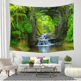 Wycian Wall Towel Cave Tapestry Landscape Forest Green Wall Hanging Waterfall Wall Tapestry Mountain Tapestry Trees Microfibre 240 x 200 cm (W x H)