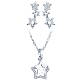 CPSLOVE Star Necklace Pendant and Earrings for Women Girls, 925 Silver Jewellery Sets, Shiny Star Chains, Star Earrings, Inlaid Zircon, Silver, Cubic Zirconia