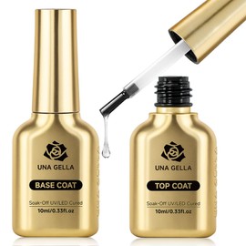 UNA GELLA No Wipe 2PCS Gel Top Coat Base Coat Set, Highly Glossy Top Coat Gel Nail Polish Strengthen and Acid-Free Clear Nail Base Soak Off, Key to Manicure for Her (U V Cure Need)