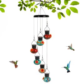 ‌Solar-Powered Hummingbird Feeder with Wind Chime Elegance – 6 Leak-Proof Glass Ports, Frosted Design & Multicolor Night Lights – Perfect Outdoor Gift for Nature Enthusiasts