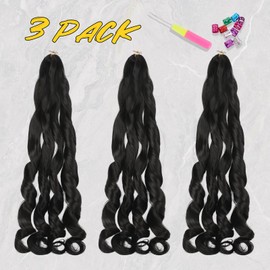 FESHFEN French Curls Braiding Hair Crochet Braids Extension 3 Packs Schwarz Loose Wave Bouncy Haarverlängerung Locken Kunsthaar Einflechten Pre Stretched Braided Extensions für Frauen, 60 cm 1B#