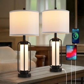 Terpsichore Farmhouse Lamps for Living Room Rustic Bedside Lamp Lamps Set of 2,Vintage Bedroom Nightstand Table Lamp Rocker Switch & USB A+C Ports & AC Outlet,Built-in Frosted Glass Night Light