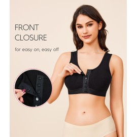 Gotoly Women Post Surgery Front Fastening Sports Bra with Breast Support Full Coverage Compression Bra After Surgery (M, Black)