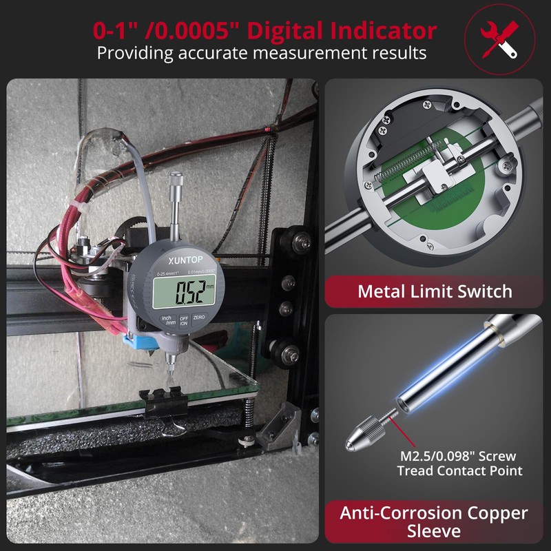 XUNTOP Digital Dial Indicator 1inch/0.0005inch with 132lbs/60kg Magnetic Base,Inch/Metric Conversion