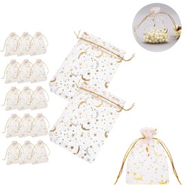 FsGrg Organza Bags, Candy Wrap, Drawstring Candy Pouches, Party Treat Bags, Gift Wrapping, Pack of 40, Floral Packaging, Present, White, Solid, Stars and Moon, Transparent, Solid, Candy, Trinket