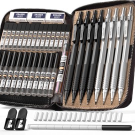Nicpro 45PCS Black & Silver Metal Mechanical Pencil Set in Leather Case, Art Drafting Pencil 0.5, 0.7, 0.9 mm, 2mm Lead Holders for Sketching Drawing With 27 Tube (6B 4B 2B HB 2H 4H Colors)Lead Refill