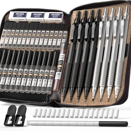 Nicpro 45PCS Black & Silver Metal Mechanical Pencil Set in Leather Case, Art Drafting Pencil 0.5, 0.7, 0.9 mm, 2mm Lead Holders for Sketching Drawing With 27 Tube (6B 4B 2B HB 2H 4H Colors)Lead Refill