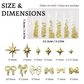 Lifextol 400PC Gold Nail Charms Gem Nails Rhinestone Junk Case Charms for Acrylic Press on Nails Art Design, 3D Y2K Nail Charm Jewel Star Bow Charm Fake Fingernail Tip Studs Set Metal Gold Bead Kit-A