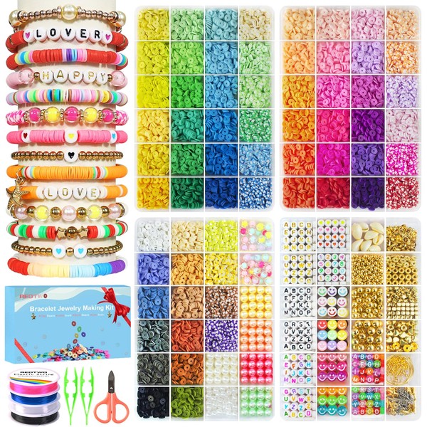 Redtwo 18000 Pcs Clay Beads Bracelet Making Kit, 4 Boxes 64 Colors Flat Polymer Heishi Jewelry with Gift Pack, Friendship Bracelet for Girls Ages 8-12